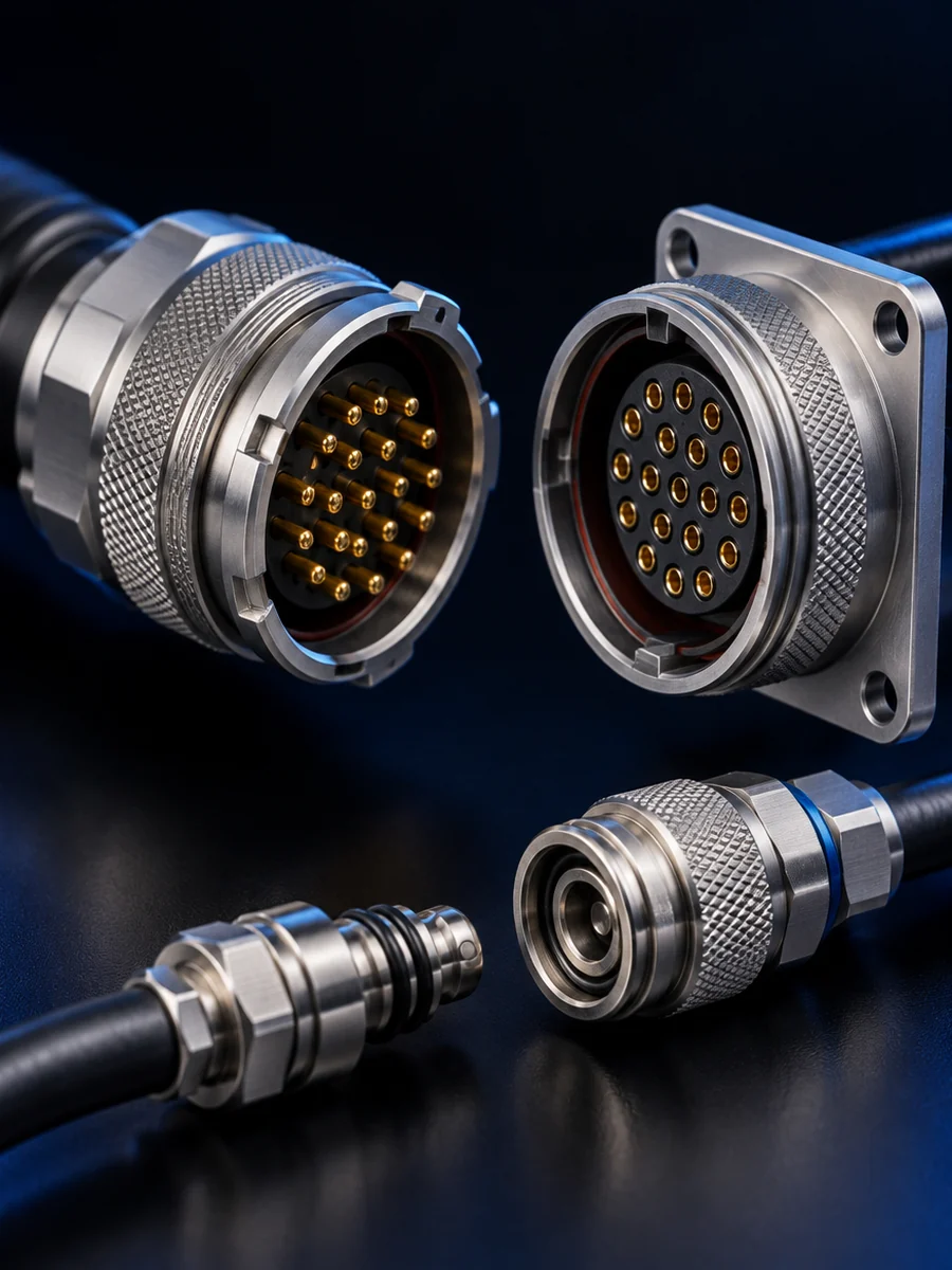 Two halves of an electrical connector and a fluid coupling about to join