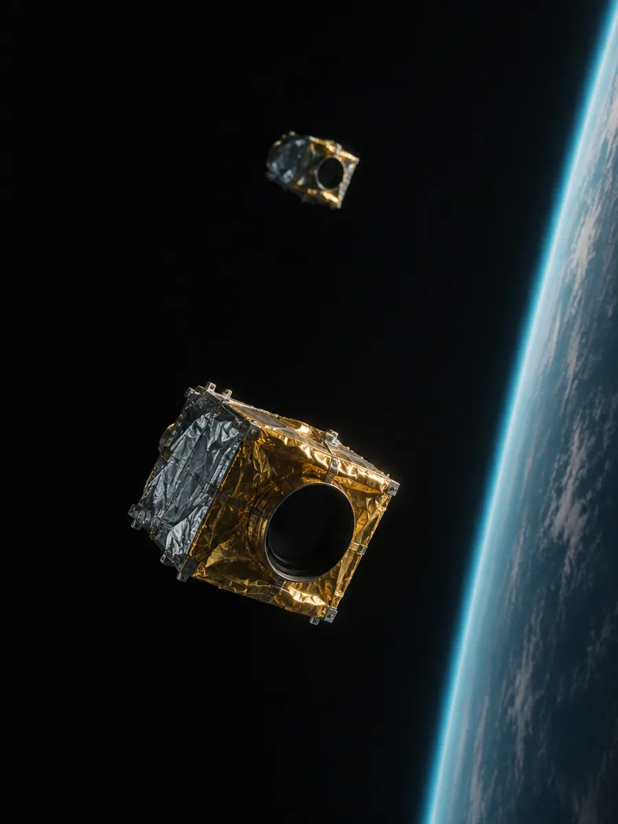 Two mission modules drifting apart in orbit